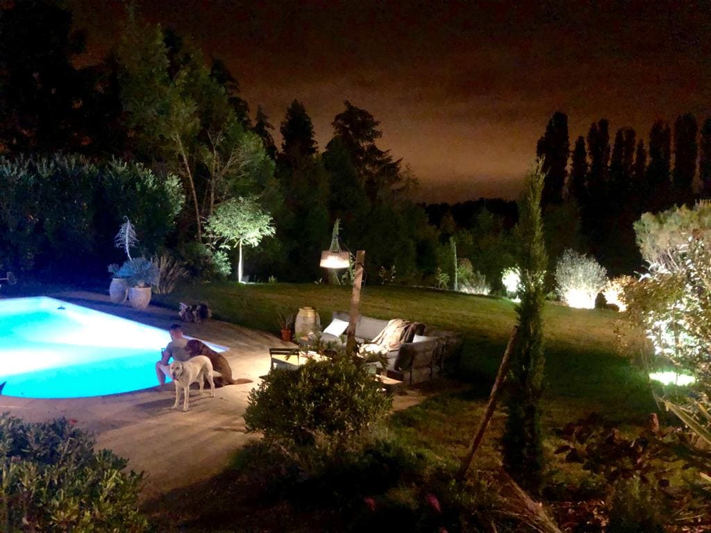 Jardin et piscine éclairés de nuit